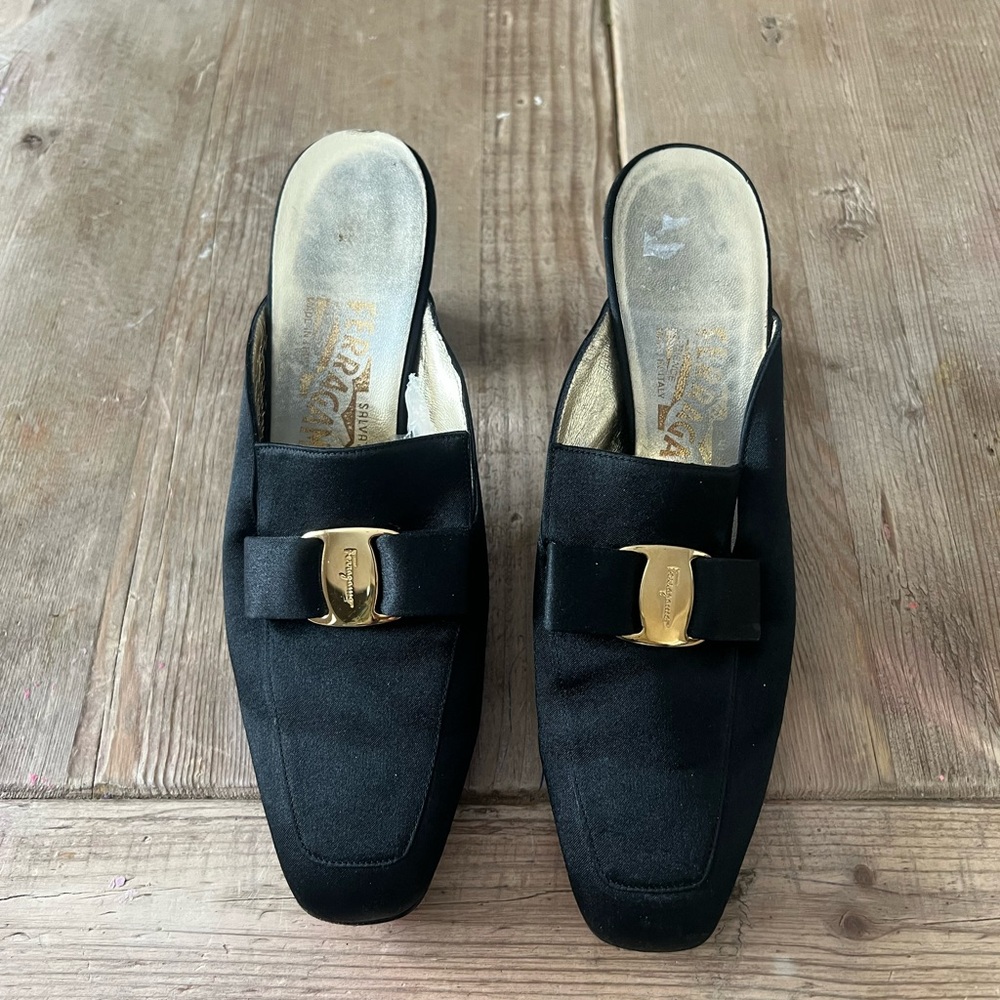 Salvatore Ferragamo Black and Gold Mules - Picture 2 of 15